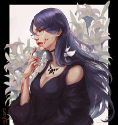 Rule 34 | 1girl, black sclera, blood, blood on arm, blood on face, blood on hands, breasts, cleavage, colored sclera, cropped legs, dash (734851641), dress, flower, glasses, hair ornament, highres, kamishiro rize, large breasts, lily (flower), long hair, looking to the side, petals, purple dress, purple hair, purple sleeves, red eyes, semi-rimless eyewear, solo, tokyo ghoul, tokyo ghoul:re, under-rim eyewear, upper body, white background, white flower