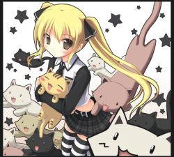 Rule 34 | 1girl, :3, belt, blonde hair, blush, blush stickers, brown eyes, cat, closed eyes, dream c club, dream c club (series), fangs, hair ribbon, holding, iwa (alpaca oukoku), mian (dream c club), miniskirt, necktie, open mouth, ribbon, skirt, solid circle eyes, star (symbol), striped clothes, striped thighhighs, thighhighs, too many, too many cats, twintails