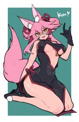 Rule 34 | 1girl, animal ear fluff, animal ears, bare shoulders, bell, black dress, black gloves, blush, breasts, center opening, china dress, chinese clothes, double bun, dress, fate/grand order, fate (series), fox ears, fox girl, fox tail, glasses, gloves, hacco mayu, hair between eyes, hair bun, highres, jingle bell, koyanskaya (chinese lostbelt outfit) (fate), koyanskaya (fate), large breasts, long hair, looking at viewer, open mouth, pink hair, seiza, side slit, sidelocks, sitting, sleeveless, sleeveless dress, smile, solo, tail, tamamo (fate), tassel, underboob, yellow eyes