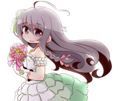 Rule 34 | 1girl, ahoge, bare shoulders, blush, bouquet, bow, braid, breasts, brown eyes, brown hair, commentary request, dress, flower, from side, gloves, hair between eyes, hair bow, hair flower, hair ornament, holding, holding bouquet, hoshi syoko, idolmaster, idolmaster cinderella girls, jewelry, long hair, looking at viewer, looking to the side, naga u, necklace, parted lips, pink bow, pink flower, side braid, simple background, single braid, small breasts, smile, solo, strapless, strapless dress, tulip, very long hair, white background, white dress, white flower, white gloves, yellow flower, yellow tulip