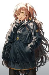 Rule 34 | 1girl, :d, alternate costume, bag, baggy clothes, brown hair, cowboy shot, girls&#039; frontline, gradient background, grey jacket, grey skirt, hair between eyes, hand in pocket, hand up, jacket, long hair, official alternate costume, one side up, open mouth, pantyhose, pleated skirt, shoulder bag, sidelocks, silence girl, simple background, skirt, sleeves past wrists, smile, thigh strap, ump45 (girls&#039; frontline), ump45 (winter journey) (girls&#039; frontline), very long hair, wavy hair, yellow eyes