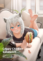 Rule 34 | 1girl, absurdres, ahoge, andy2465, animal ears, barefoot, blue eyes, blush, couch, english text, feet, feet up, food, fox ears, fox girl, fox tail, grin, highres, holding, holding food, hololive, looking at viewer, lying, on couch, on stomach, shirakami fubuki, smile, soles, solo, tail, the pose, toes, virtual youtuber, white hair