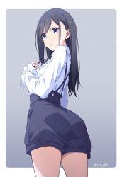 Rule 34 | 1girl, black hair, black shorts, blue eyes, commentary request, dated, from behind, highres, long hair, long sleeves, looking at viewer, monai-chan (nii manabu), nii manabu, original, shirt, shorts, signature, solo, thighs, white shirt