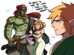 Rule 34 | ..., 1girl, 2boys, abs, animal ears, archaic set (zelda), armlet, blonde hair, braid, breasts, cleavage, colored skin, crown braid, dress, english text, facial hair, frown, ganondorf, goatee, green skin, highres, large pectorals, link, long hair, medium breasts, multiple boys, muscular, muscular male, nintendo, open mouth, pectorals, pointy ears, ponytail, princess zelda, red eyes, sheath, smile, strapless, strapless dress, sword, the legend of zelda, the legend of zelda: tears of the kingdom, tina fate, tube dress, weapon