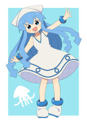 Rule 34 | 1girl, :d, blue background, blue eyes, blue hair, blush, bracelet, commentary request, dress, hat, highres, ikamusume, jewelry, long hair, nakkasu, open mouth, outstretched arms, prehensile hair, shinryaku! ikamusume, smile, squid, squid hat, tentacle hair, tentacles