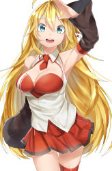 Rule 34 | 1girl, absurdres, ahoge, aqua eyes, arm behind back, arm up, armpits, bad id, bad pixiv id, blonde hair, breasts, cleavage, cleavage cutout, clothing cutout, cowboy shot, dated, detached sleeves, dress, hair ornament, highres, large breasts, long hair, looking at viewer, narumiyaaz, open mouth, red dress, red thighhighs, shiny skin, short dress, single thighhigh, smile, solo, standing, thigh gap, thighhighs, tsurumaki maki, vest, voiceroid, wide sleeves