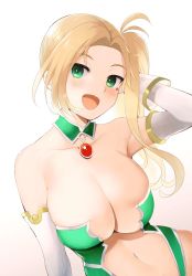 Rule 34 | 1girl, bare shoulders, blonde hair, blush, breasts, calamity jane (fate), calamity jane (third ascension) (fate), center opening, cleavage, collarbone, detached collar, elbow gloves, facial tattoo, fate/grand order, fate (series), forehead, gloves, gradient background, green eyes, jewelry, kujiran, large breasts, long hair, looking at viewer, navel, open mouth, parted bangs, pendant, side ponytail, smile, star tattoo, tattoo, very long hair, white gloves