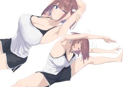 Rule 34 | 1girl, absurdres, armpits, arms behind head, arms up, baffu, bare shoulders, black shorts, blue eyes, blush, breasts, brown hair, camisole, cleavage, closed eyes, collarbone, dolphin shorts, hair ornament, hairclip, highres, hitoyo (baffu), large breasts, looking at viewer, multiple views, original, short hair, short shorts, shorts, stretching, thighs, white background, white camisole