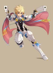 Rule 34 | 1boy, armor, bad id, bad pixiv id, blonde hair, blue eyes, brown background, cape, chung seiker, deadly chaser (elsword), dual wielding, elsword, full body, fullluv, gloves, greaves, gun, hair flaps, holding, male focus, scarf, simple background, solo, weapon