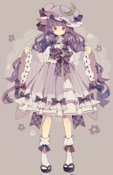 Rule 34 | 1girl, beige background, blue bow, bow, closed mouth, corrupted twitter file, crescent, crescent hat ornament, dress, frilled sleeves, frills, full body, grey background, hair bow, hat, hat ornament, highres, long hair, long sleeves, mob cap, nikorashi-ka, patchouli knowledge, purple dress, purple eyes, purple hair, purple hat, red bow, sidelocks, simple background, socks, solo, touhou, white socks, wide sleeves