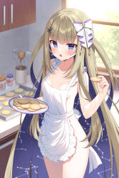 Rule 34 | 1girl, :o, amanogawa shiina, apron, baking sheet, blonde hair, blush, breasts, cabinet, colored inner hair, cookie, cowboy shot, earrings, food, hair ribbon, holding, holding cookie, holding food, indoors, jar, jewelry, ladle, long hair, looking at viewer, mauve, multicolored hair, naked apron, open mouth, phase connect, purple eyes, ribbon, scissors hair ornament, small breasts, solo, spatula, standing, very long hair, virtual youtuber, white apron, window, wooden spoon