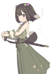 Rule 34 | 1girl, animal ears, bare shoulders, blade (galaxist), blunt bangs, blush, brown hair, cowboy shot, dog ears, dog girl, dog tail, dress, floral print, green dress, green hair, green skirt, hair bobbles, hair ornament, hands on hilt, looking at viewer, open mouth, own hands together, petals, pop-up story, purple eyes, renge miyamoto, scabbard, sheath, sheathed, shirt, short hair, simple background, skirt, skirt set, sleeveless, sleeveless dress, sleeveless shirt, smile, solo, sword, tail, teeth, translated, turtleneck, weapon, white background, wrist cuffs