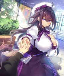 Rule 34 | 1girl, bag, beret, blouse, blush, breasts, bush, closed mouth, cuffs, female pov, hair between eyes, hand on own chest, haruto (pokoten), hat, hat ribbon, holding hands, huge breasts, interlocked fingers, long skirt, long sleeves, looking at viewer, neck ribbon, original, plant, pokoten (pokoten718), pov, purple eyes, purple hair, purple ribbon, renna (pokoten), ribbon, shadow, shirt, skirt, smile, suspenders, white headwear, white shirt