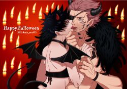 Rule 34 | 2022, 2boys, arm tattoo, black hair, black nails, candle, dated, demon boy, demon horns, demon tail, demon wings, extra eyes, eye contact, facial tattoo, feathers, french kiss, fushiguro megumi, grabbing another&#039;s chin, green eyes, halloween, hand on another&#039;s chin, happy halloween, height difference, highres, holding another&#039;s wrist, horns, jujutsu kaisen, kiss, looking at another, male focus, multiple boys, muscular, muscular male, nipples, pectorals, ryoumen sukuna (jujutsu kaisen), sato zero915, shoulder tattoo, size difference, tail, tattoo, tongue, tongue out, tongue tattoo, wings, yaoi