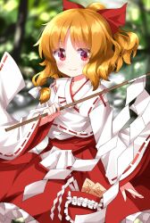 Rule 34 | 1girl, blonde hair, blonde shrine maiden from a future era (touhou), blush, bow, breasts, commentary request, cowboy shot, detached sleeves, forest, frilled skirt, frills, gohei, hair bow, hair ribbon, hakama, hakama skirt, high ponytail, highres, holding, holding gohei, japanese clothes, kariginu, long sleeves, looking at viewer, medium breasts, miko, nature, ofuda, pocket, portrait of exotic girls, red bow, red eyes, red skirt, ribbon, ruu (tksymkw), shirt, skirt, smile, solo, talisman, touhou, white ribbon, white shirt, wide sleeves