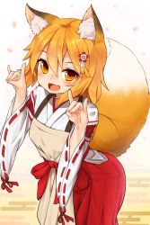 Rule 34 | 1girl, :d, animal ear fluff, animal ears, blonde hair, blush, breasts, chiroshiron, commentary request, cowboy shot, detached sleeves, fang, fingernails, fox ears, fox shadow puppet, fox tail, gradient background, hair between eyes, hair ornament, hakama, hakama skirt, hands up, highres, japanese clothes, leaning forward, looking at viewer, medium hair, miko, open mouth, orange eyes, red hakama, red ribbon, ribbon, ribbon-trimmed sleeves, ribbon trim, robe, senko (sewayaki kitsune no senko-san), sewayaki kitsune no senko-san, simple background, skin fang, skirt, small breasts, smile, solo, standing, tail, tassel, white background, white robe, wide sleeves