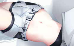 Rule 34 | 1girl, ao oni (onioni-aoi), arknights, bike shorts, bike shorts under shorts, black shorts, clothes writing, crop top, head out of frame, highres, lying, midriff, navel, on back, platinum (arknights), short shorts, shorts, solo, stomach, thighs, white shorts