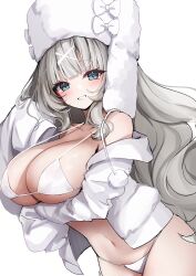 Rule 34 | 1girl, ankkoyom, bare shoulders, bikini, blue eyes, breasts, cleavage, cowboy shot, drawstring, fur hat, grey hair, grin, hair ornament, hairclip, halterneck, hat, highres, jacket, large breasts, long hair, long sleeves, looking at viewer, navel, off shoulder, open clothes, open jacket, original, sleeves past fingers, sleeves past wrists, smile, solo, stomach, strap gap, string bikini, swimsuit, ushanka, very long hair, white bikini, white hat, white jacket, x hair ornament