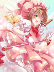 Rule 34 | 1girl, ;d, bow, brown hair, card, cardcaptor sakura, clamp (circle) (style), clow card, coconut whip, fuuin no tsue, gloves, green eyes, highres, holding, holding card, kero (cardcaptor sakura), kinomoto sakura, magical girl, one eye closed, open mouth, pink headwear, red bow, smile, white gloves