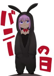 Rule 34 | 1girl, :3, animal costume, animal ears, animal hood, black leotard, blush, bow, bowtie, closed mouth, collar, dark-skinned female, dark skin, detached collar, fake animal ears, fate/prototype, fate/prototype: fragments of blue and silver, fate (series), full body, hair between eyes, hands in pockets, hassan of serenity (fate), highres, hood, hood up, i.u.y, leotard, long sleeves, looking at viewer, playboy bunny, purple eyes, purple hair, rabbit ears, rabbit hood, red bow, red bowtie, solo, standing, strapless, strapless leotard, white background, white collar, wing collar