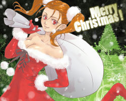 Rule 34 | 1girl, bad id, bad pixiv id, bare shoulders, breasts, christmas, cleavage, dragon quest, dragon quest viii, dress, earrings, gloves, jessica albert, jewelry, long hair, merry christmas, orange hair, red dress, red eyes, red gloves, sack, santa costume, smile, solo, square enix, strapless, strapless dress
