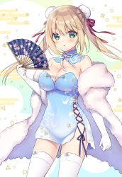 Rule 34 | 1girl, bad id, bad pixiv id, bare shoulders, blonde hair, blue dress, blush, breasts, china dress, chinese clothes, cleavage, coat, commentary request, detached collar, double bun, dress, elbow gloves, floral print, fur coat, gloves, green eyes, hair between eyes, hair bun, hand fan, holding, holding fan, looking at viewer, medium breasts, no panties, open mouth, original, paper fan, sidelocks, solo, sumisaki yuzuna, swept bangs, thighhighs, twintails, white gloves, white thighhighs