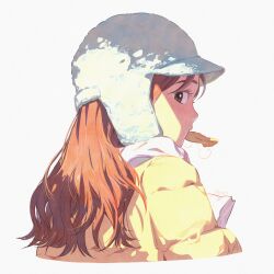 Rule 34 | 1girl, absurdres, bag, blush, breath, brown hair, ddini, food in mouth, from behind, hat, highres, jacket, long hair, looking at viewer, looking back, mouth hold, nose blush, original, paper bag, simple background, solo, upper body, white background, winter clothes, yellow jacket