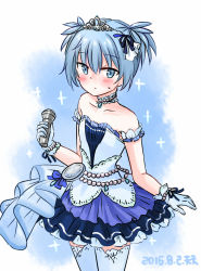 Rule 34 | 1boy, ansatsu kyoushitsu, blue eyes, blue hair, blue legwear, blush, choker, collarbone, crossdressing, dated, detached sleeves, frills, gloves, jewelry, looking at viewer, male focus, microphone, necklace, pearl necklace, ribbon, shiota nagisa, short hair, short twintails, simple background, skirt, solo, sweat, tenten (kitty), tiara, trap, twintails