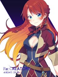 Rule 34 | &gt;:), 10s, 1girl, arms at sides, belt, black gloves, blue eyes, blush, braid, breasts, brooch, cleavage, cleavage cutout, closed mouth, clothing cutout, commentary request, cropped jacket, earrings, french braid, fuji fujino, gem, gloves, gradient hair, highres, jacket, jewelry, long hair, long sleeves, looking at viewer, medium breasts, multicolored hair, orange hair, re:creators, red hair, red jacket, selesia upitiria, sleeves rolled up, smile, solo, stud earrings, swept bangs, twin braids, two-tone background, upper body, v-shaped eyebrows