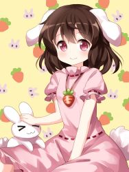 Rule 34 | &gt; &lt;, 1girl, :3, > <, animal ears, brown hair, carrot, carrot necklace, commentary request, dress, floppy ears, headpat, highres, inaba mob (touhou), inaba tewi, looking at viewer, medium hair, necklace, one-hour drawing challenge, pink dress, rabbit, rabbit ears, rabbit girl, rabbit tail, red eyes, ribbon-trimmed dress, ruu (tksymkw), sitting, smile, solo, tail, touhou, x3