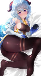 Rule 34 | 1girl, ass, bare shoulders, bell, black gloves, black pantyhose, blue hair, blush, bodysuit, breasts, cameltoe, cowbell, detached sleeves, feet, ganyu (genshin impact), genshin impact, gloves, goat horns, highres, horns, long hair, long sleeves, looking at viewer, medium breasts, no shoes, open mouth, pantyhose, purple eyes, sideboob, sidelocks, simple background, solo, thighband pantyhose, thighs, uenoryoma