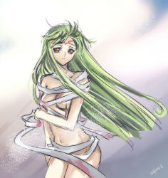 Rule 34 | 00s, 1girl, bandages, bandages, blood, breasts, c.c., cleavage, code geass, facial mark, female focus, forehead mark, frown, green hair, large breasts, long hair, meimi k, naked bandage, nude, scar, sketch, solo, tattoo, underboob, undressing, wind, yellow eyes