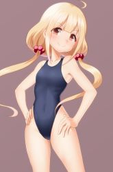 Rule 34 | &gt;:), 1girl, ahoge, blonde hair, blue one-piece swimsuit, blunt bangs, breasts, brown eyes, c:, closed mouth, futaba anzu, hands on own hips, highres, hip focus, idolmaster, idolmaster cinderella girls, legs apart, long hair, looking at viewer, low twintails, one-piece swimsuit, purple background, sidelocks, simple background, small breasts, smile, solo, swimsuit, taka (takahirokun), tareme, thighs, twintails, v-shaped eyebrows