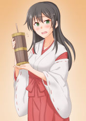 Rule 34 | 1girl, anti (untea9), black hair, blush, commentary request, gradient background, green eyes, hair ornament, hairclip, highres, holding, japanese clothes, kantai collection, kimono, long hair, long skirt, miko, open mouth, orange background, oyashio (kancolle), red skirt, skirt, solo, white kimono, wooden box