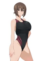 Rule 34 | 10s, 1girl, bare shoulders, baron (nsbaron), breasts, brown eyes, brown hair, competition swimsuit, girls und panzer, hand on own hip, large breasts, looking at viewer, nishizumi maho, one-piece swimsuit, short hair, simple background, solo, swimsuit, thighs, white background