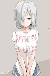 Rule 34 | 10s, 1girl, blue eyes, breasts squeezed together, breasts, clothes writing, english text, female focus, hair ornament, hair over one eye, hairclip, hamakaze (kancolle), kantai collection, kichihachi, large breasts, looking away, pleated skirt, shirt, shirt tug, signature, silver hair, skirt, solo, t-shirt, tears