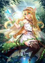 Rule 34 | 1girl, absurdres, bell, black thighhighs, blonde hair, blush, bug, butterfly, caing zhihuang, day, detached sleeves, dress, fairy wings, flower, forest, gem, green eyes, green skirt, hair flower, hair ornament, highres, holding, holding staff, in tree, insect, long hair, looking away, moss, nature, outdoors, pointy ears, puffy short sleeves, puffy sleeves, short sleeves, sitting, skirt, smile, solo, staff, sunlight, thighhighs, tree, very long hair, white dress, white footwear, wings, wristband