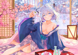 Rule 34 | 1girl, animal ears, arm support, arm up, bath yukata, blue archive, blue eyes, blue hair, blue kimono, breasts, closed mouth, collarbone, forest 0, hair between eyes, hand fan, japanese clothes, kimono, light blue hair, long sleeves, looking at viewer, multicolored eyes, off shoulder, onsen, pink eyes, purple eyes, shigure (blue archive), shigure (hot spring) (blue archive), short hair, smile, solo, tokkuri, weasel ears, wide sleeves, yagasuri, yukata