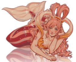 Rule 34 | 1girl, bikini, blush, commentary, fish hair ornament, hair ornament, half updo, highres, long hair, looking at viewer, lying, mermaid, monster girl, one piece, pink hair, reflection, shirahoshi, sidelocks, smile, solo, sparkle, swimsuit, symbol-only commentary, tea59726125, very long hair, yellow bikini