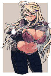Rule 34 | 1girl, :&gt;, ahoge, alma armas, black-framed eyewear, black pants, blonde hair, blush, bottle, bow, bow bra, bra, breast milk, breasts, brown eyes, check commentary, cleavage, clothes lift, commentary request, cropped legs, dark-skinned female, dark skin, denim, glasses, highres, holding, holding bottle, huge breasts, jeans, lactation, lactation through clothes, leaning forward, lifting own clothes, long hair, mechanical hands, mikiji, milk bottle, navel, panties, pants, pantyshot, pinky out, prosthesis, prosthetic hand, purple sweater, ribbed sweater, semi-rimless eyewear, solo, steaming body, stomach, sweat, sweater, sweater lift, turtleneck, turtleneck sweater, under-rim eyewear, underwear, va-11 hall-a