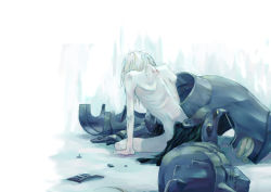 Rule 34 | 1boy, alphonse elric, armor, back turned, bad id, bad pixiv id, blonde hair, broken armor, completely nude, covering privates, fullmetal alchemist, gloves, helmet, long hair, male focus, nude, nude cover, shoulder blades, simple background, sitting, skinny, solo, spoilers, white background