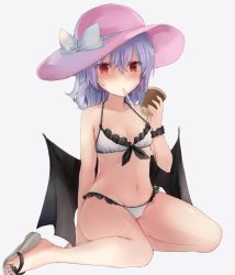 Rule 34 | 1girl, alternate headwear, arm support, bare arms, bare shoulders, barefoot, bat wings, bikini, black scrunchie, blue hair, blush, bow, breasts, commentary request, cup, disposable cup, drinking straw, frilled bikini, frills, front-tie bikini top, front-tie top, grey background, grey footwear, groin, hair between eyes, halterneck, hand up, hat, hat bow, holding, holding cup, looking at viewer, mouth hold, navel, nazuka (mikkamisaki), pink hat, red eyes, remilia scarlet, sandals, scrunchie, short hair, simple background, sitting, small breasts, solo, stomach, sun hat, sweat, swimsuit, thighs, touhou, white bikini, white bow, wings, wrist scrunchie, yokozuwari