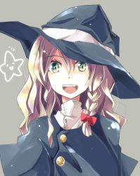 Rule 34 | 1girl, :d, alternate eye color, aoi kujira, blonde hair, bow, braid, capelet, female focus, green eyes, hair bow, hat, kirisame marisa, long hair, multicolored eyes, open mouth, side braid, single braid, smile, solo, touhou, witch hat