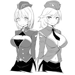 Rule 34 | 2girls, arms behind back, breasts, cleavage, greyscale, hat, large breasts, monochrome, multiple girls, short hair, simple background, smile, white background, zaxwu
