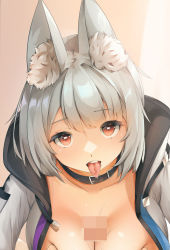 Rule 34 | 1girl, animal collar, animal ear fluff, animal ears, breasts squeezed together, breasts, censored, cleavage, collar, commission, deep skin, grayfox, highres, large breasts, looking at viewer, mosaic censoring, no bra, original, paizuri, penis, popped collar, pov, red eyes, saliva, silver hair, sweat, tongue, tongue out