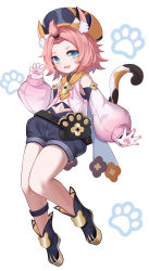 Rule 34 | 1girl, absurdres, animal ears, animal print, bag, bangs pinned back, bell, belt, black shorts, cat ears, cat print, cat tail, commentary request, detached sleeves, diona (genshin impact), forehead, full body, genshin impact, gloves, green eyes, hair ribbon, hat, highres, jingle bell, long sleeves, looking at viewer, midriff, mxr, navel, paw pose, paw print, pink hair, puffy detached sleeves, puffy shorts, puffy sleeves, ribbon, short hair, shorts, sidelocks, simple background, solo, standing, tail, white background, white gloves