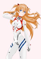 Rule 34 | 1girl, :3, absurdres, artist request, blue eyes, bodysuit, breasts, covered navel, curvy, evangelion: 3.0+1.0 thrice upon a time, floating hair, hair flip, hair ornament, hand in own hair, highres, interface headset, long hair, looking at viewer, neon genesis evangelion, orange hair, pink background, plugsuit, rebuild of evangelion, simple background, skin tight, small breasts, solo, souryuu asuka langley, twintails, very long hair, white bodysuit