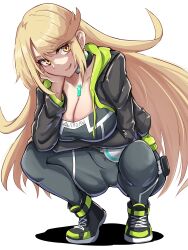 Rule 34 | 1girl, absurdres, arm under breasts, black choker, black jacket, blonde hair, breasts, chest jewel, choker, cleavage, core crystal (xenoblade), cosplay, eunie (xenoblade), eunie (xenoblade) (cosplay), green hoodie, high-waist pantyhose, highres, hood, hoodie, jacket, large breasts, leather, leather jacket, long hair, multicolored clothes, multicolored jacket, mythra (xenoblade), open clothes, open jacket, pants, pantyhose, smile, swept bangs, tight clothes, tight pants, timosan, two-tone jacket, white background, xenoblade chronicles (series), xenoblade chronicles 2, xenoblade chronicles 3