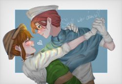 Rule 34 | 05410enter, 2girls, :d, blue capelet, blush, brown hair, capelet, emily dyer, emma woods, closed eyes, facing another, freckles, gloves, holding hands, heart, highres, identity v, looking at another, medium hair, multiple girls, open mouth, profile, short hair, simple background, smile, sweatdrop, upper body, white gloves, white headwear, yuri