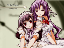 Rule 34 | 00s, 2girls, ai (tick! tack!), blurry, blurry background, brooch, character name, clock, copyright name, detached collar, dress, hair ribbon, half-closed eyes, head tilt, jewelry, long hair, looking at another, looking at viewer, maid, maid headdress, multiple girls, neck ribbon, official art, official wallpaper, pointy ears, puffy short sleeves, puffy sleeves, purple hair, red eyes, ribbon, sage (tick! tack!), sash, short sleeves, shuffle!, smile, strapless, strapless dress, suzuhira hiro, tick! tack!, wallpaper